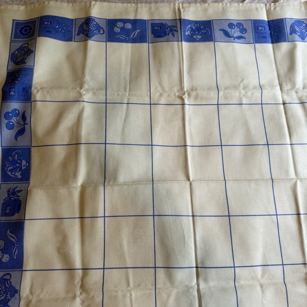 Vintage Blue Cream Cotton Tablecloth Teapot Cherry French Country 38x37